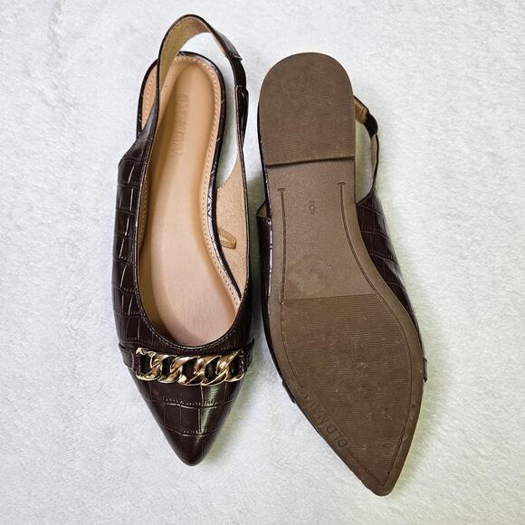 Old Navy Faux Leather Slingback Gold Chain Career Wear Flats Chocolate Size 6 - Picture 2 of 9